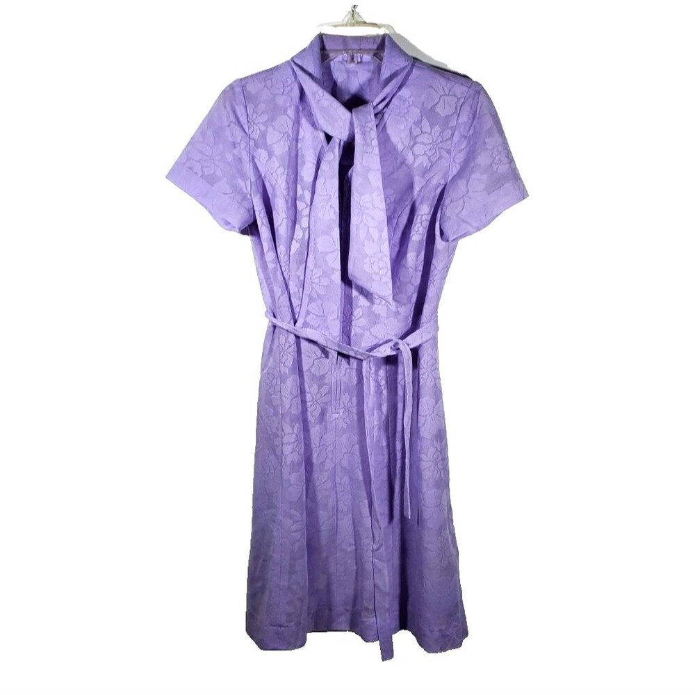 Vintage 70s Three R's Purple Floral Jacquard Bow Grandmacore Dress Sz 14 1/2 USA